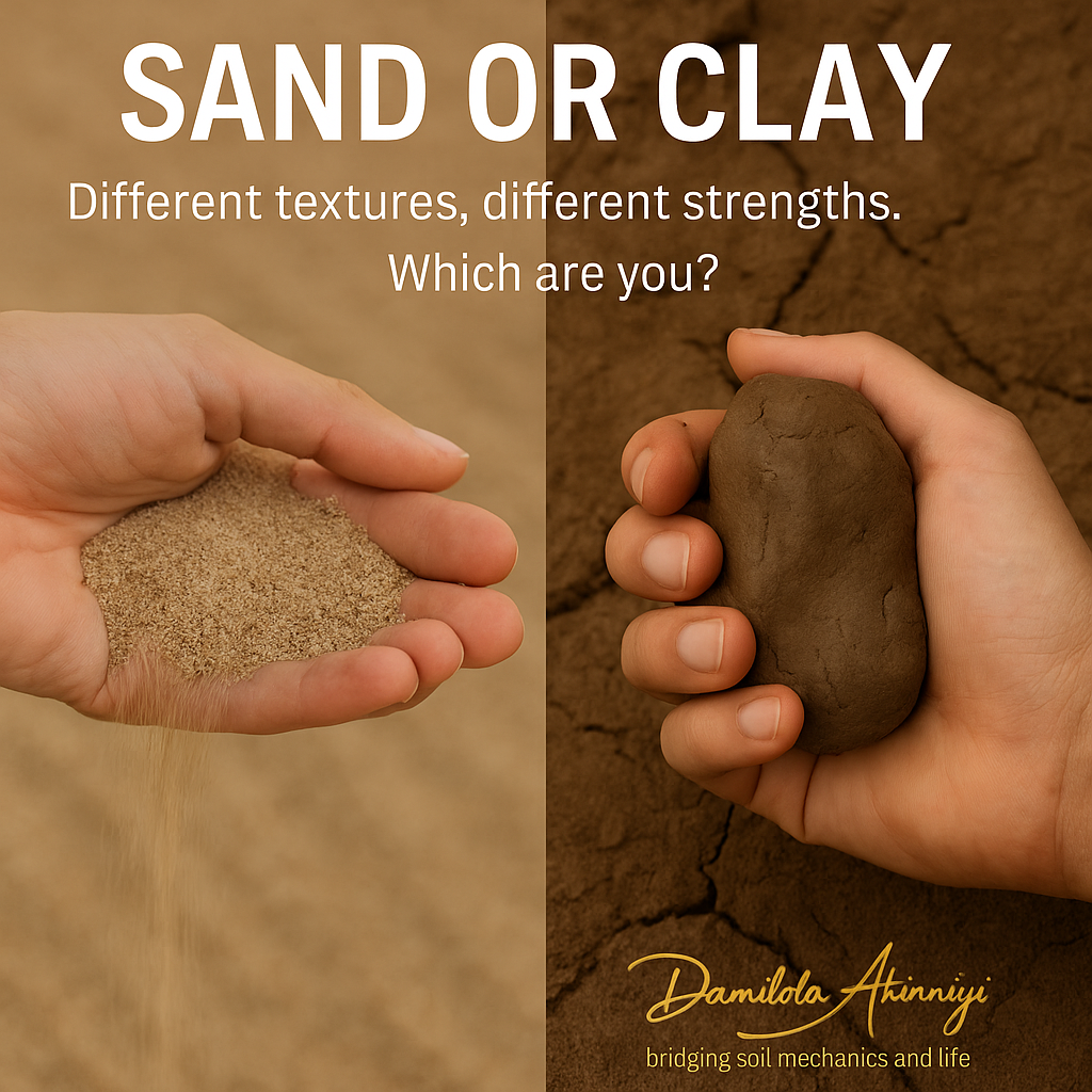 A split image showing sand slipping through fingers on one side and clay molded in a hand on the other, symbolizing contrasting personalities and soil behavior.