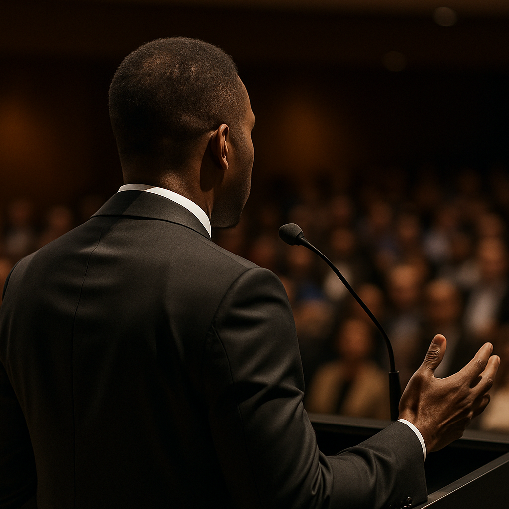 A speaker at a podium addressing a conference audience