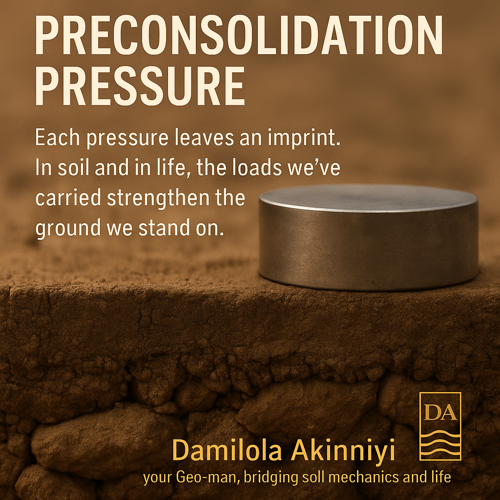 A close-up of compacted soil beneath a metal load, illustrating pressure and strength, with the text “Preconsolidation Pressure – What Soil Teaches Us About Resilience” and the gold logo of Damilola Akinniyi, your Geo-man, bridging soil mechanics and life.